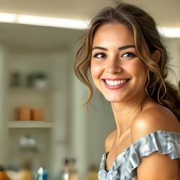 María Cristina sonriendo frente a un espejo instalado en su baño