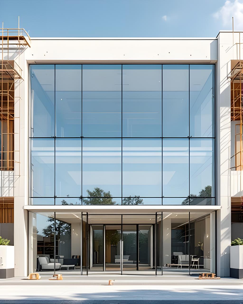 Fachada comercial con paños de vidrio amplios y una obra moderna en ejecución