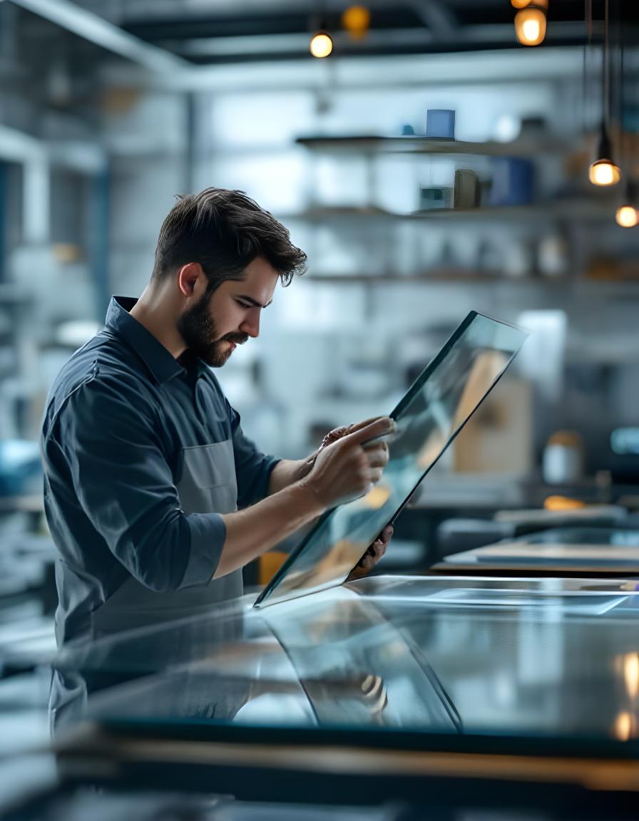 Técnico de vidriería revisando un paño de vidrio templado en un taller ordenado y moderno
