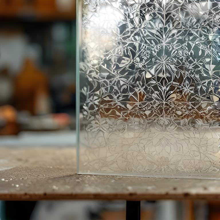 Detalle de vidrio texturizado con patrón decorativo en una mesa de taller con luz suave