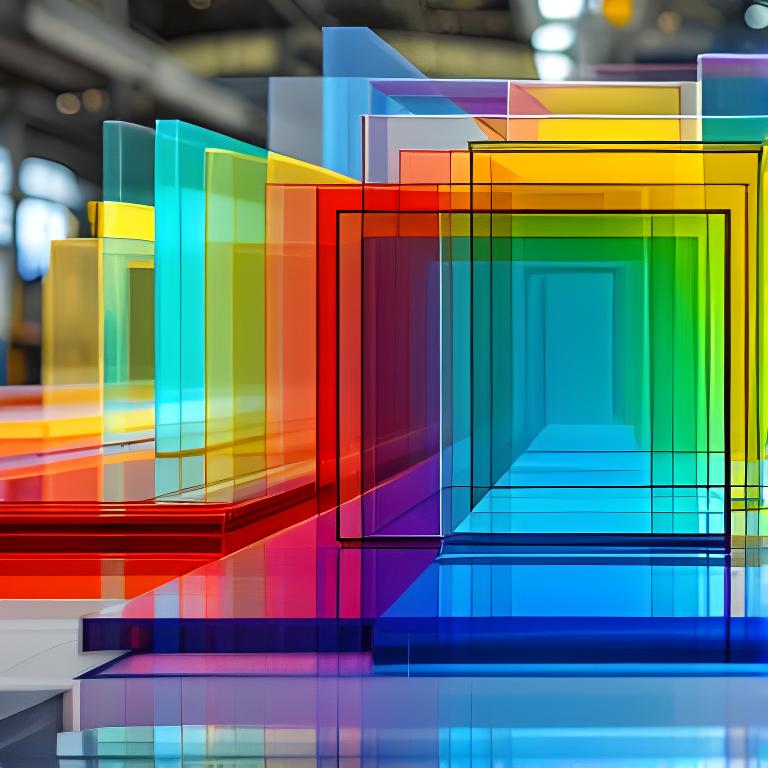 Paneles de vidrio de colores ordenados en un taller con reflejos brillantes y bordes prolijos