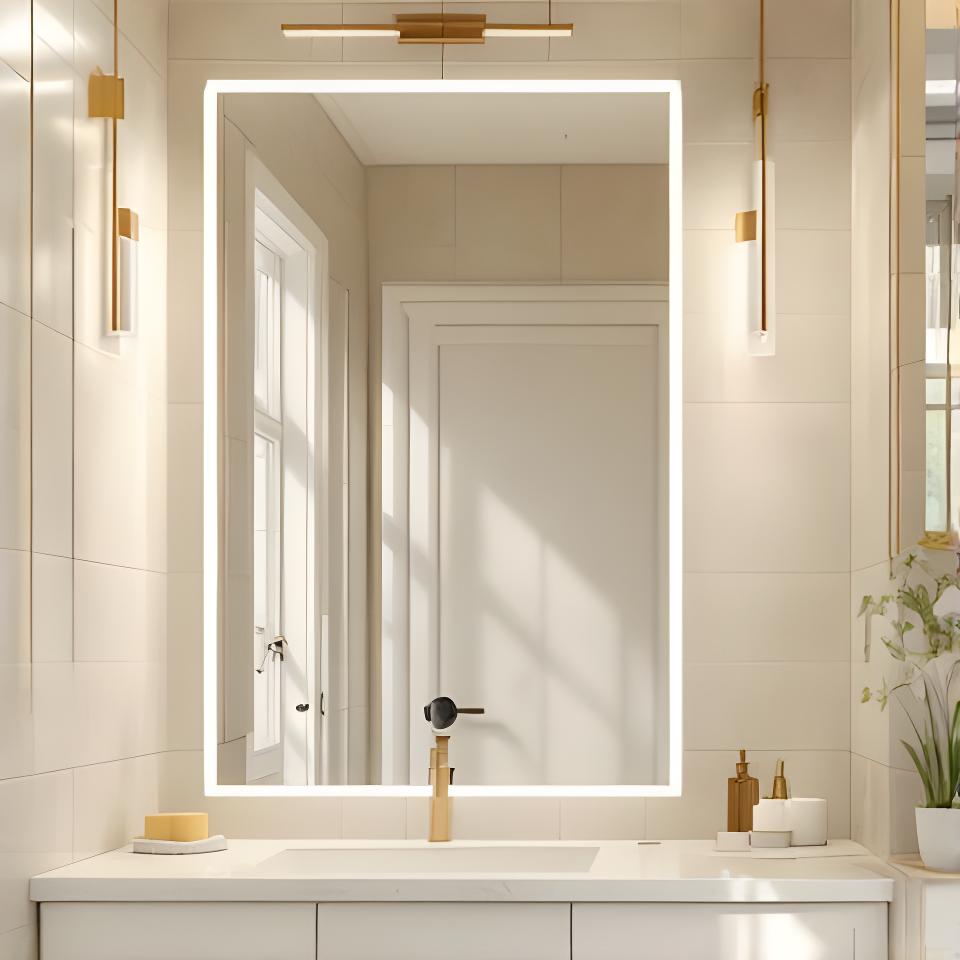 Baño residencial con espejo a medida y terminaciones claras junto a una pared luminosa